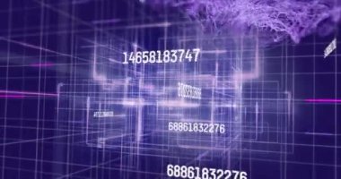 Mor ışık yollarının patlaması sonucu değişen ve işlenen sayıların animasyonu. küresel bağlantı ve iletişim rengi ve hareket konsepti dijital olarak oluşturuldu.