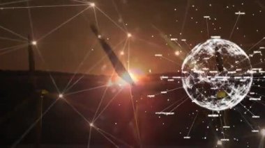 Rüzgâr türbinlerinin üzerinde dönen kelimelerle bağlantılı dünyanın animasyonu. küresel çevre sürdürülebilirlik kavramı dijital olarak oluşturulmuş görüntü.