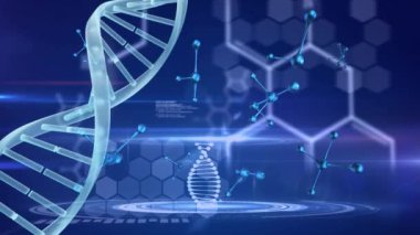 DNA dizilimi, tıbbi veri işleme ve mavi arka planda kimyasal moleküllerin animasyonu. Küresel bilim teknolojisi kavramı dijital olarak oluşturulmuş görüntü.