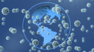 3d covid 19 hücrenin animasyonu mavi arka planda dünya üzerinde yüzüyor. Coronavirüs covid 19 küresel pandemik sağlık krizi konsepti dijital bileşik.