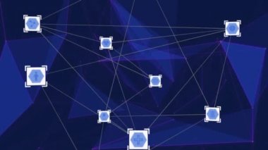 Mor arkaplandaki tıbbi simgelerle bağlantı ağının animasyonu. dijital arayüz küresel bağlantı ve dijital olarak oluşturulan iletişim konsepti.