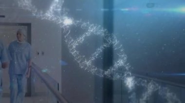 DNA yapısı, hastanede tartışan üç erkek tıp uzmanına karşı dönüyor. tıp araştırması bilim konsepti