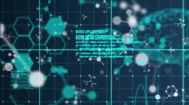 Tıbbi veri işleme animasyonu, insan beyninin dönmesi ve arka planda kimyasal bileşik yapılar. Küresel bilim teknolojisi kavramı dijital olarak oluşturulmuş görüntü.