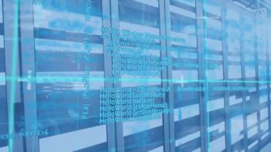 Bilgisayar sunucularının teknik odasında veri işleme animasyonu. dijital arayüz ve küresel teknoloji bağlantı konsepti dijital olarak oluşturulmuş görüntü.