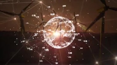 Arka planda dönen yel değirmenlerine karşı küresel bağlantı ağının dijital animasyonu. yenilenebilir enerji ve çevre kavramı