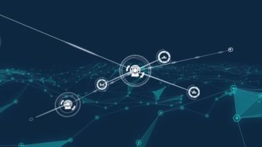 Mavi arkaplandaki dijital simgelerle bağlantı ağının animasyonu. Dijital arayüz iletişim teknolojisi konsepti dijital olarak oluşturuldu.