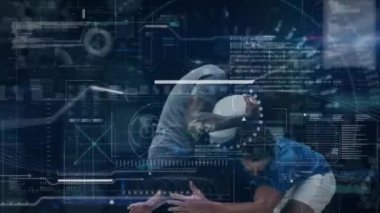 Top için savaşan iki rugby oyuncusunun dijital veri işleme animasyonu. global spor teknolojisi bağlantıları konsepti dijital olarak oluşturulmuş görüntü.