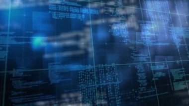 Şebekede veri işleme animasyonu ve parlayan mavi arkaplan. dijital arayüz küresel bağlantı ve dijital olarak oluşturulan iletişim konsepti.