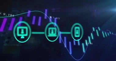 Parlayan üç dijital simgeyle finansal veri işleme hattının animasyonu. küresel finans teknolojisi dijital arayüz konsepti dijital olarak oluşturulmuş görüntü.