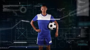Kadın futbolcunun portresi üzerinde dijital veri işleme animasyonu. global spor teknolojisi bağlantıları konsepti dijital olarak oluşturulmuş görüntü.