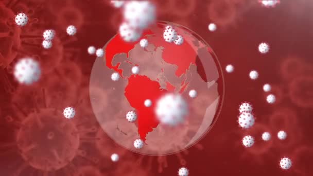 Animazione Covid Cellule Che Galleggiano Sul Globo Sfondo Rosso Coronavirus — Video Stock