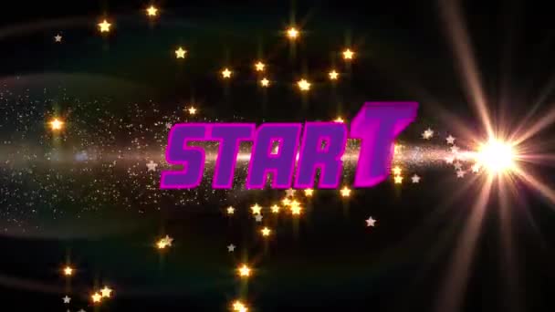 輝く黄色の星やスポットライトの上にピンクと紫の文字で開始テキストのアニメーション レトロゲームコミュニケーションの概念デジタル生成された画像 — ストック動画