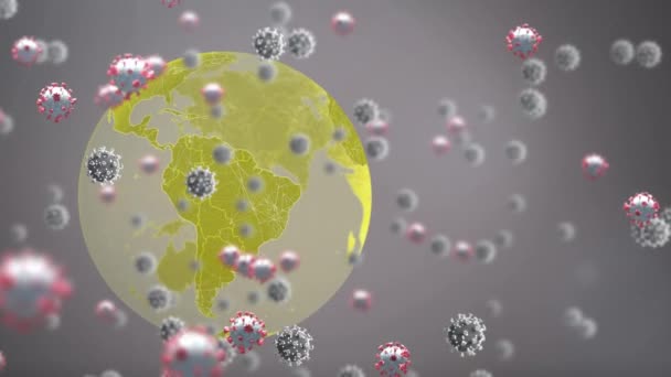 Animatie Van Covid Cellen Zwevend Hele Wereld Grijze Achtergrond Coronavirus — Stockvideo