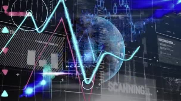 Animace Zeměkoule Statistikou Zpracováním Dat Digitální Rozhraní Globální Finanční Technologie — Stock video