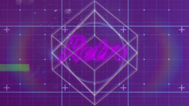 Animace Retro Textu Růžovými Neonovými Písmeny Nad Geometrickými Číslicemi Světlomety — Stock video