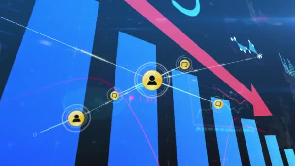 Animație Prelucrare Datelor Financiare Săgeată Roz Descrescătoare Rețea Conexiuni Pictograme — Videoclip de stoc