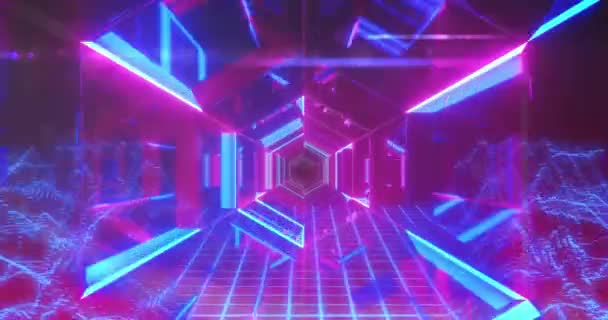 Futuristisk Neon Upplyst Rosa Och Blå Hexagonal Passage Med Blått — Stockvideo