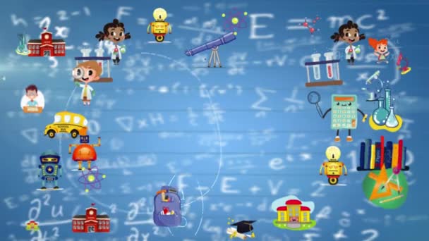 Animación Digital Iconos Conceptuales Escolares Contra Ecuaciones Matemáticas Diagramas Sobre — Vídeo de stock