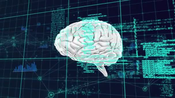 Cyfrowa Animacja Ludzkiego Mózgu Obracającego Się Przeciwko Przetwarzaniu Danych Czarnym — Wideo stockowe