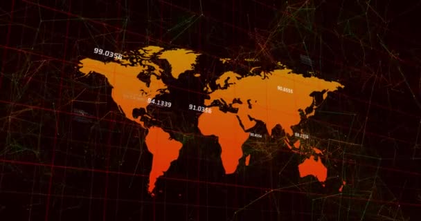 Анімація Чисел Змінюють Обробку Даних Карті Світу Сітці Глобальне Технологічне — стокове відео