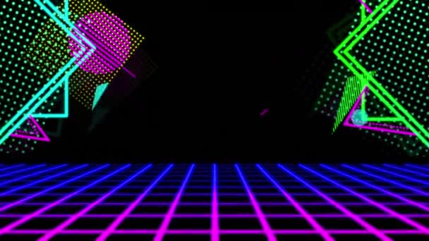輝くメッシュのアニメーション抽象的な形青とピンクのネオン輝くグリッド ヴィンテージビデオゲームの色と動きの概念デジタル生成された画像 — ストック動画