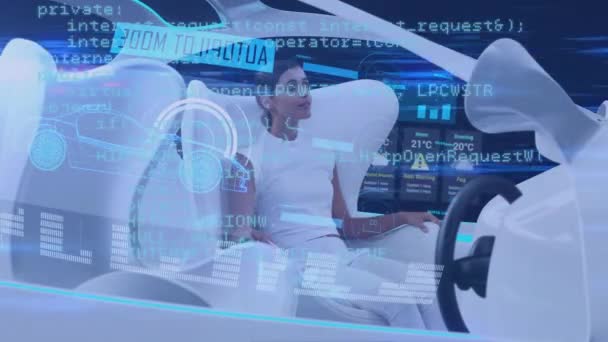 Composição Digital Processamento Dados Contra Mulher Dirigindo Carro Futurista Contra — Vídeo de Stock