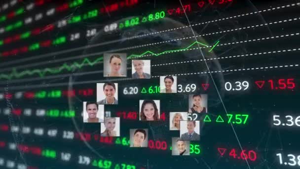 Animação Bolsa Valores Processamento Dados Financeiros Globo Formado Com Fotos — Vídeo de Stock