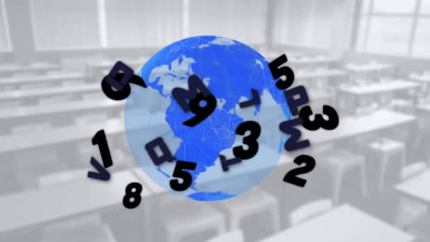 与空荡荡的教室相对照 全球各地字母和数字的数字合成 学校和教育概念 — 图库视频影像