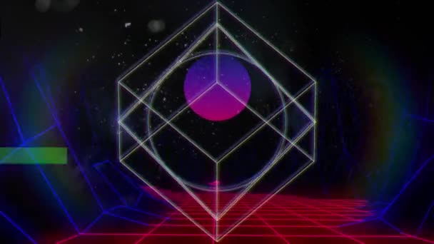 Circle Cube Outlines Moving Purple Sphere Black Background Blue Red — Stock Video