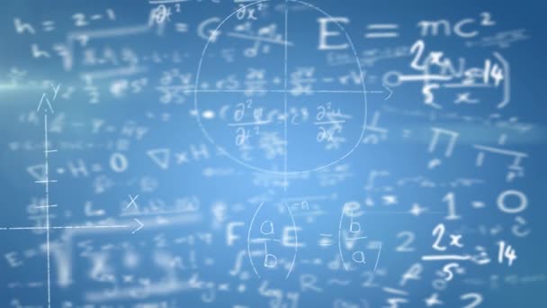 Animation Numérique Équations Mathématiques Diagrammes Flottant Sur Fond Bleu Concept — Video