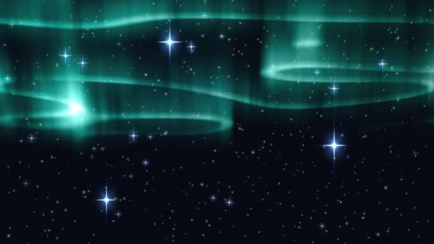 Цифровая Анимация Светящихся Зеленых Световых Трасс Сияющих Звезд Ночном Небе — стоковое видео