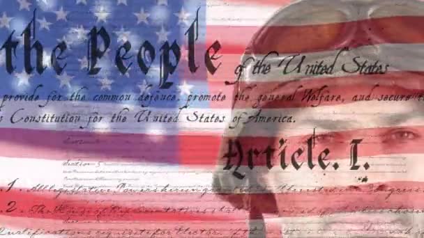Cyfrowe Złożone Wideo Tekstem Konstytucji Przeciwko Machaniu Flagą Amerykańskiemu Żołnierzowi — Wideo stockowe
