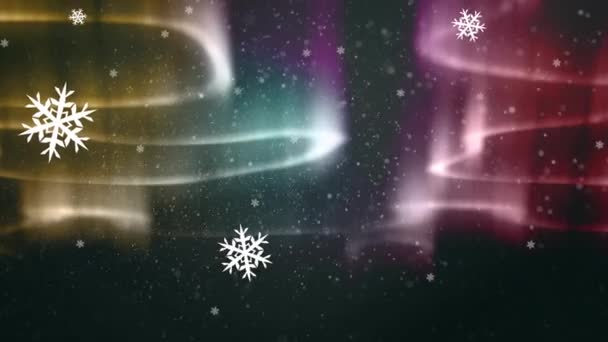 Digitální Animace Sněhových Vloček Zářících Hvězd Dopadajících Barevné Světelné Stopy — Stock video