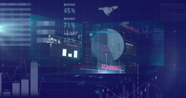 数学方程的数字动画漂浮在蓝色背景下的财务数据处理之上 全球金融和商业技术概念 — 图库视频影像