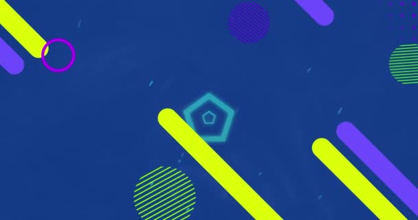 Färgglada Grafiska Element Över Koncentriska Blå Hexagon Konturer Blå Bakgrund — Stockvideo