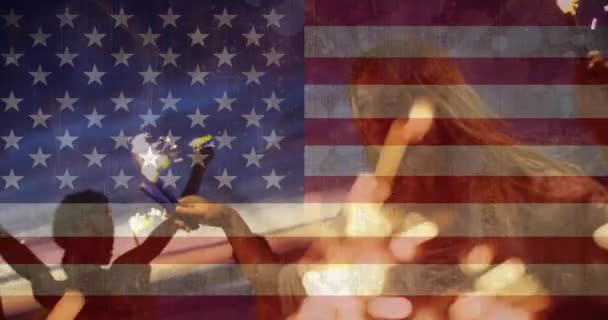 Animation Friends Dancing Sparklers Beach American Flag Waving Patriotism Diversity — Stock Video