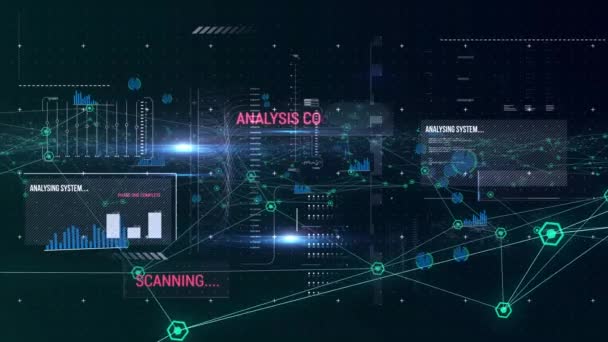 컴퓨터 텍스트와 데이터 처리를 기록되는 연결과 통계의 네트워크의 애니메이션 디지털 — 비디오