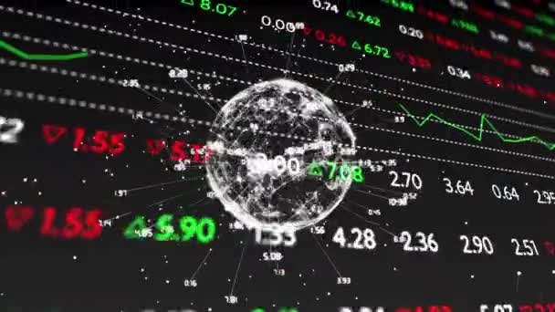 Animación Bolsa Valores Procesamiento Datos Financieros Con Globo Red Conexiones — Vídeos de Stock