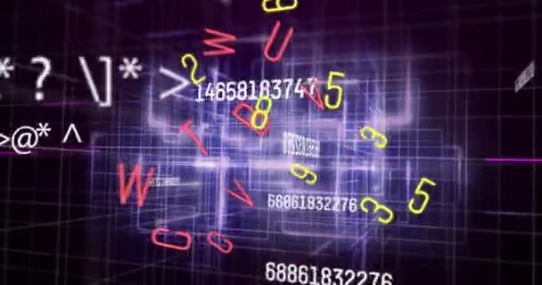 Animación Digital Números Símbolos Cambiantes Senderos Luz Púrpura Moviéndose Sobre — Vídeo de stock