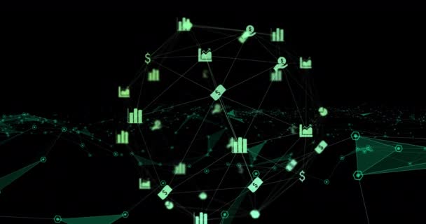 Digital Animation Globe Finance Icons Spinning Network Connections Black Background — Stock Video