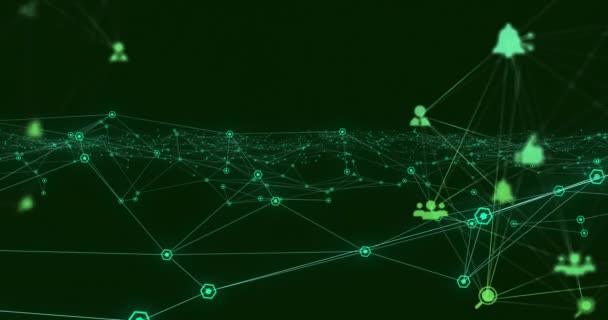 緑の背景にソーシャルメディアアイコンとの接続のネットワークのアニメーション 接続技術のグローバルネットワークデジタルインターフェイスの概念デジタル生成された画像 — ストック動画