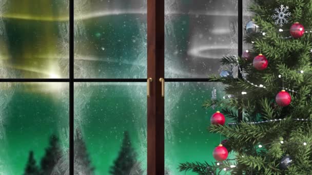 オーロラのボアリスライトと窓から見える雪のフレークとクリスマスツリーのアニメーション クリスマス冬景色のコンセプトデジタル生成画像 — ストック動画
