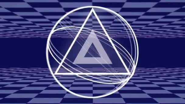 Bílý Trojúhelník Rotující Kroužky Šedými Šachovnicovými Čtverci Pohybujícími Horní Dolní — Stock video