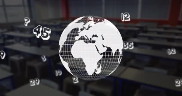 Composição Digital Números Flutuando Sobre Globo Girando Contra Sala Aula — Vídeo de Stock