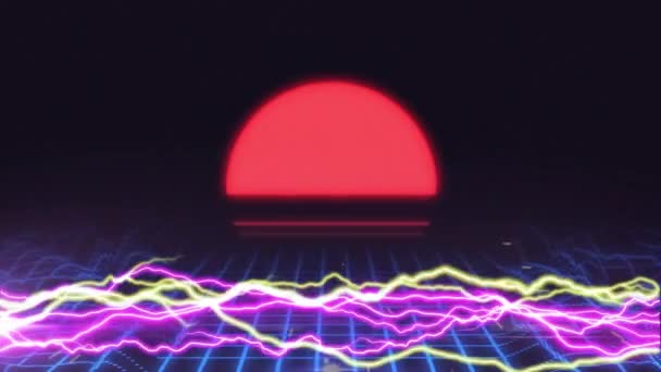 Neon Electrical Currents Red Rising Sun Distorting Blue Grid Black — Stock Video