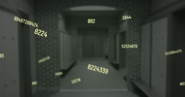 黄色变化数字的构成在空荡荡的学校走廊上飘扬 学校和教育概念 — 图库视频影像