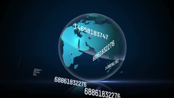 Animacja Zmieniających Się Liczb Globus Wirujący Niebieskim Blaskiem Globalny Interfejs — Wideo stockowe