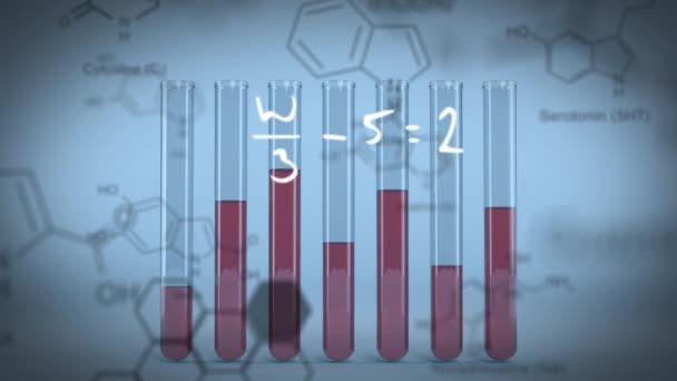 Animation Chemischer Verbundstrukturen Laborprobenröhrchen Mit Roter Flüssigkeit Globales Wissenschaftliches Technologiekonzept — Stockvideo