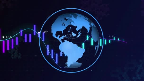 Animacja Linii Przetwarzaniem Danych Finansowych Niebieskim Globusie Globalna Koncepcja Cyfrowego — Wideo stockowe