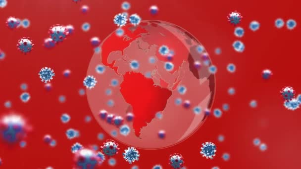 赤い背景に赤い地球上に浮かぶ19個の細胞を立体視したアニメーション コロナウイルスCovid 19世界的なパンデミック健康危機の概念デジタル複合体 — ストック動画